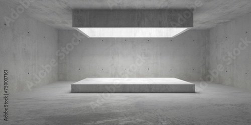 Abstract modern concrete room with rectangular light shaft opening in the ceiling and podium, platform or dais on rough floor - industrial interior background template photo