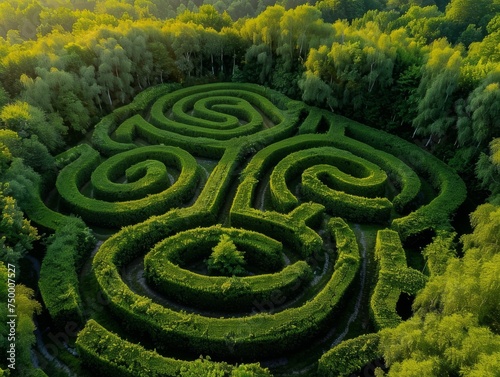 Ancient labyrinth from above intricate paths and hedges mysterious journey