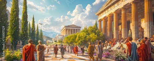 Ancient Greece agora scene philosophers debating vibrant togas and architecture photo