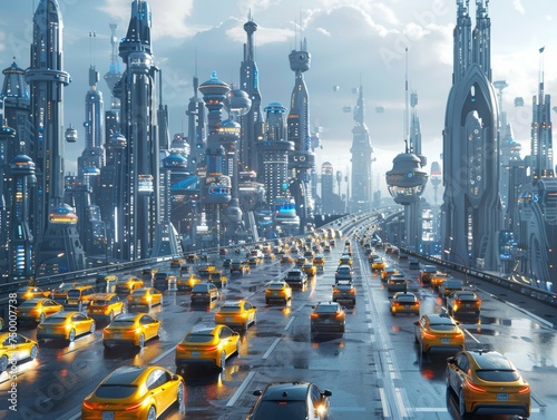 Autonomous vehicle fleet in smart city seamless traffic futuristic skyline