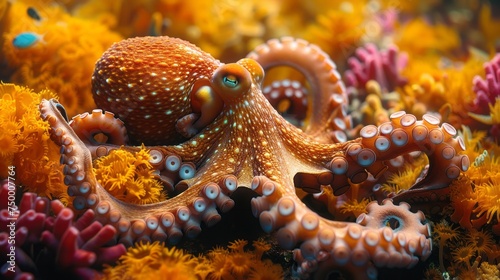 Electric blue octopus perched on coral reef in Marine environment