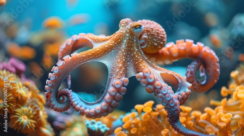 Giant Pacific octopus exploring azure waters of a coral reef © yuchen