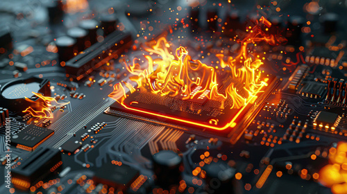 Burning processor in motherboard or CPU processor chip overheats in the computer motherboard generated by ai photo