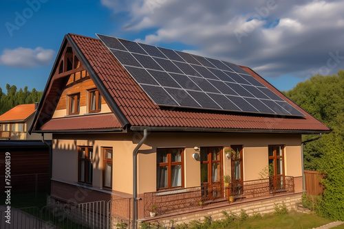 Solar panel on roof house. Home with solar panels on roof. Modern house exterior. Tanunhouses and residential buildings  houses with solar panels on roof. Solar photovoltaic construction for homes.