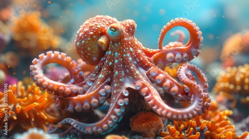 Cephalopod organism, giant pacific octopus, perching on coral reef in ocean
