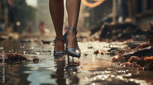 Close up of a woman's red high heels walking on trash plastic bottles floating in water flooding a city street. 