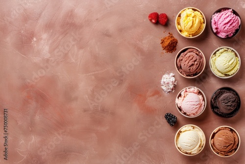 Artistic top view photograph showcasing a delightful assortment of refreshing ice creams, with generous copy space for your branding.
