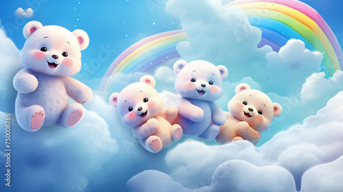 Cute bears playing on the cloud with rainbow blue