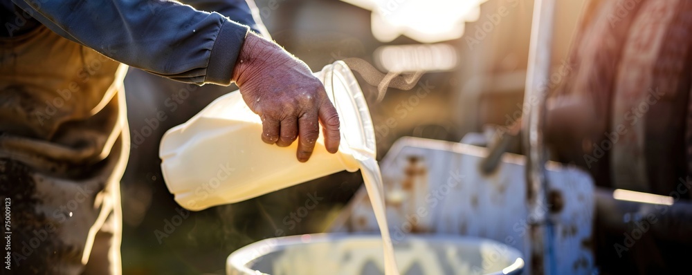 Farmers pour raw milk into containers, and it is ready for the next process - obrazy, fototapety, plakaty 