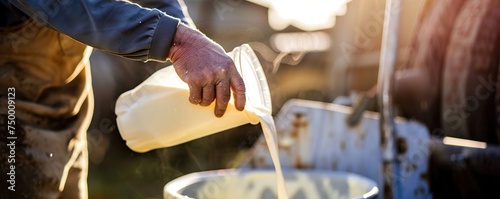 Farmers pour raw milk into containers, and it is ready for the next process photo
