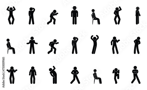 stick figure man icon, human silhouettes, people vector illustration, isolated on white, basic poses and gestures