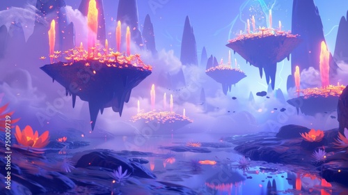 A surreal dreamscape with floating islands and ethereal, glowing flora.