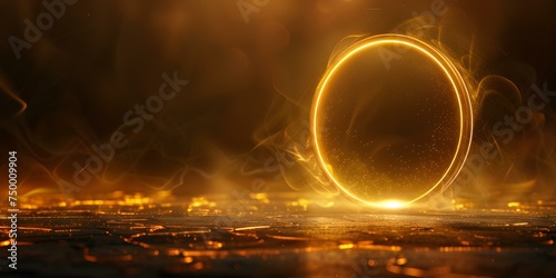 Gold halo with glowing circle effect in abstract composition with light. Concept Abstract Art, Glowing Circle, Gold Halo, Light Effects, Composition