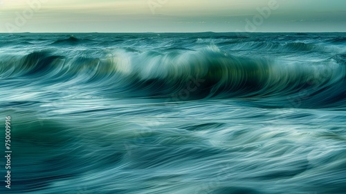 A tranquil, abstract ocean scene with undulating waves in shades of blue and green © Jafar