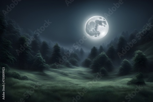Panorama of full moon in dark woods at night, full moon in the forest
