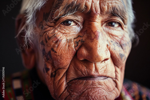 Senior Native American man portrait, respected leader with traditional headdress, tribal wisdom.