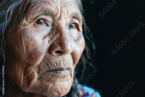 Elderly Native American woman portrait, wise elder with ceremonial feathers, tribal heritage.
