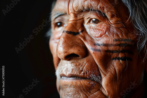 Elderly Native American man portrait, wise elder with ceremonial feathers, tribal heritage