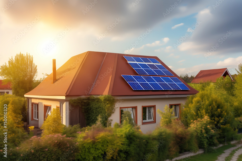 Solar panel on roof house. Home with solar panels on roof. Modern house exterior. Tanunhouses and residential buildings, houses with solar panels on roof. Solar photovoltaic construction for homes.