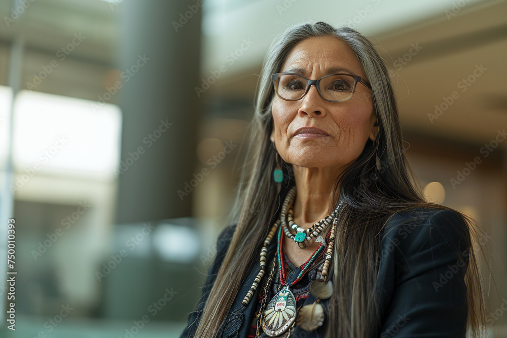 Native American business woman, corporate office setting, professional portrait, success in finance Native American business woman, corporate office setting, professional portrait, success in finance
