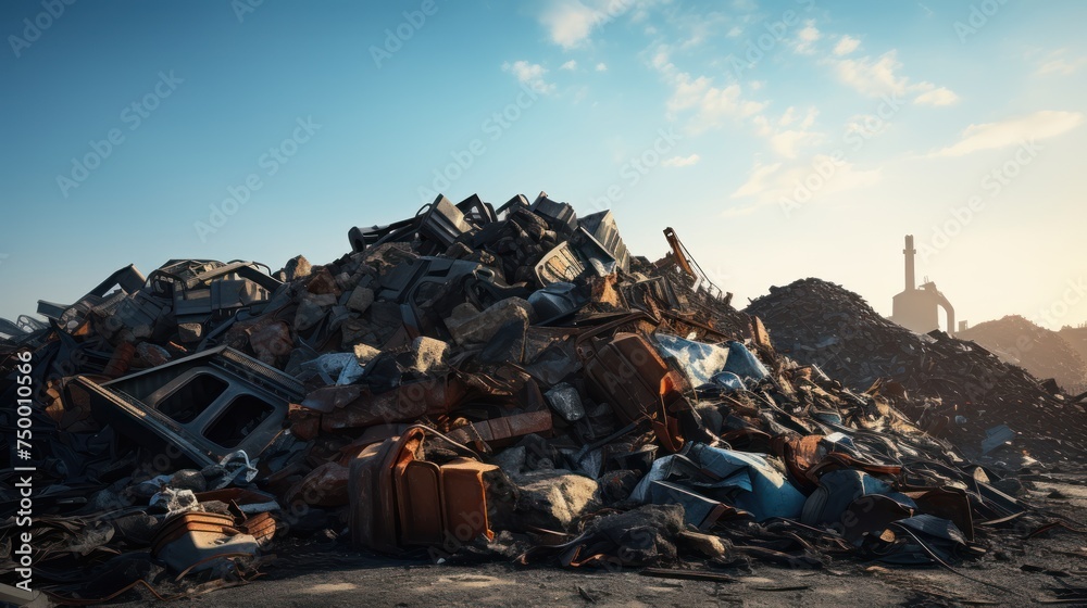 Piles of metal industrial waste with bright sky Piles of metal industrial waste with bright sky