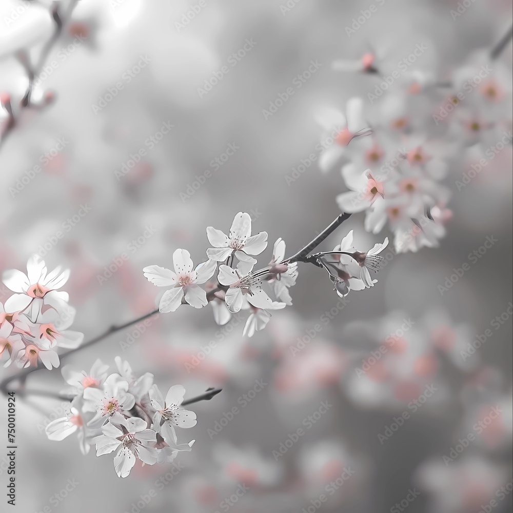 A blooming sakura in the foreground, a blurred monochrome background in the distance A blooming sakura in the foreground, a blurred monochrome background in the distance
