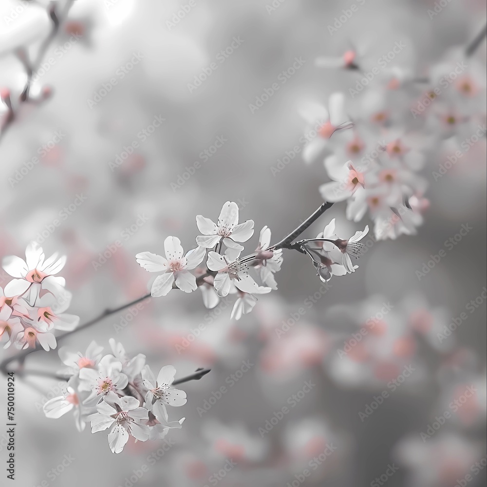  A blooming sakura in the foreground, a blurred monochrome background in the distance