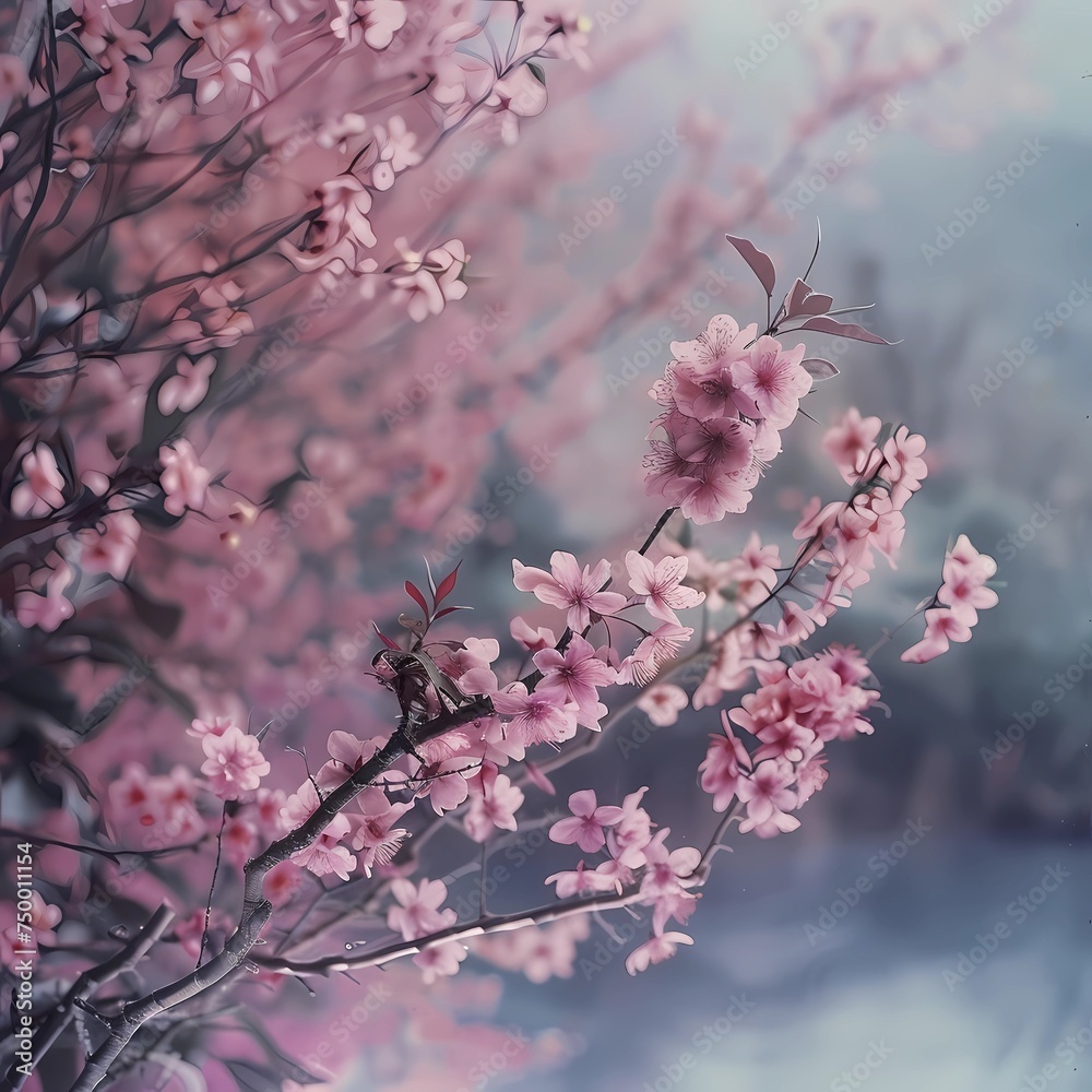 A blooming sakura in the foreground, a blurred monochrome background in the distance A blooming sakura in the foreground, a blurred monochrome background in the distance