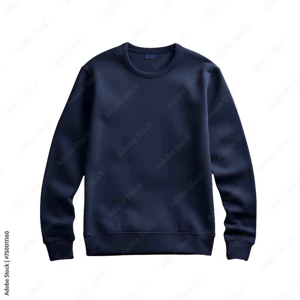 A classic navy blue sweater with blank label isolated on transparent background, png A classic navy blue sweater with blank label isolated on transparent background, png