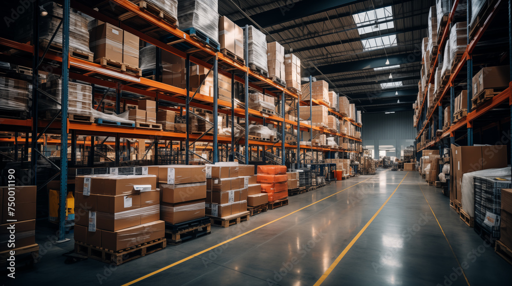 Inside of warehouse with racks, top angle wide shot, photograph. Inside of warehouse with racks, top angle wide shot, photograph.