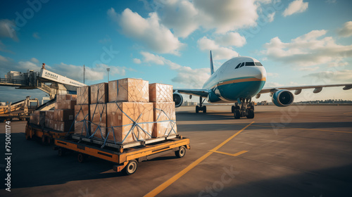 Air cargo freighter Logistics import export goods of freight global, Process of handling, Luggage loading with high loader at the Airport.