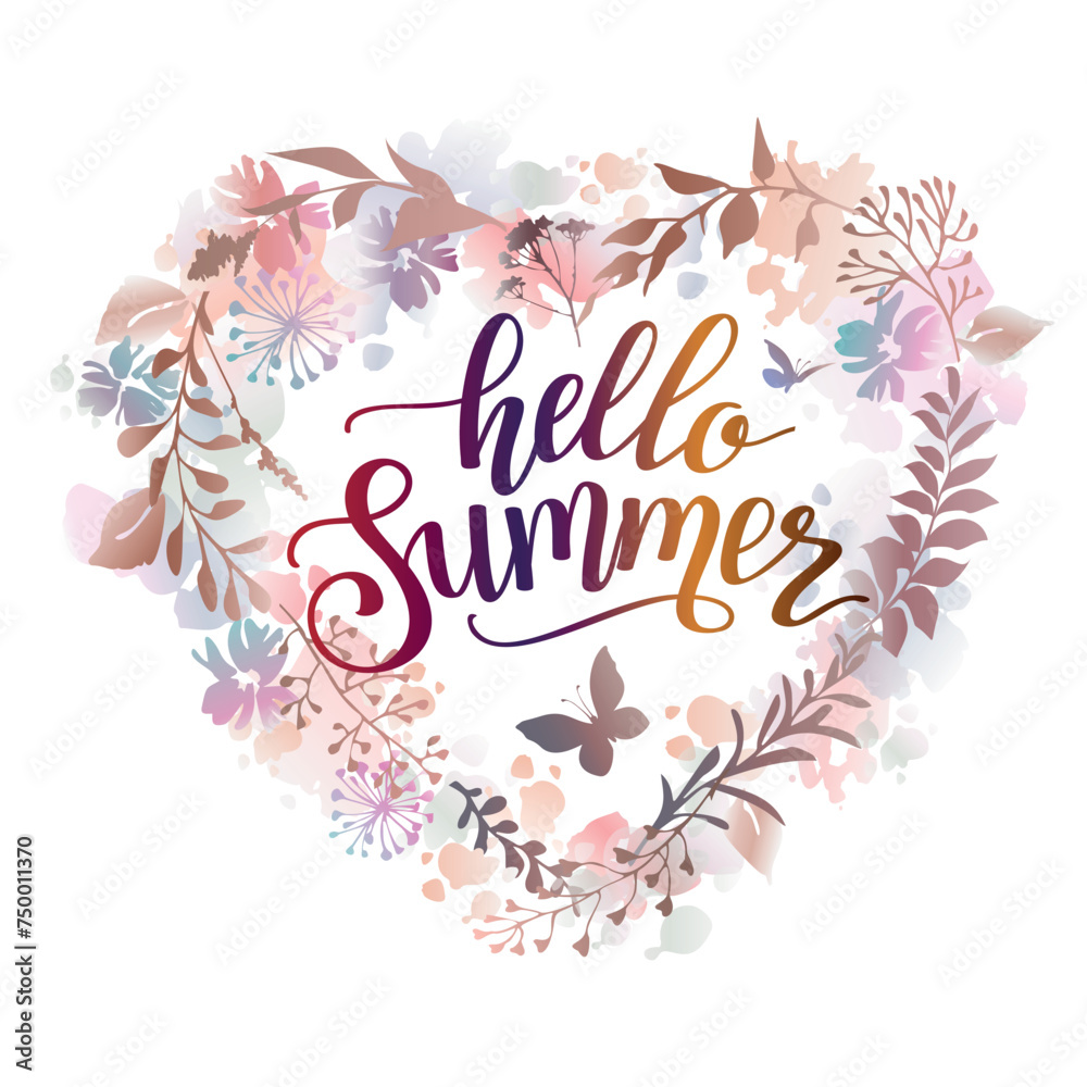 Hello Summer floral heart in watercolor style. Design for greeting card, invitation, cover and advertisement.