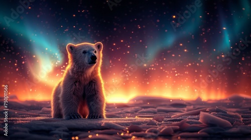 A carnivore polar bear rests in front of the stunning aurora borealis