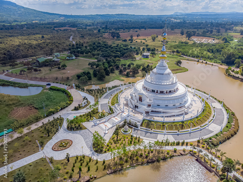 Aerial view, The church is white and is a beautiful place of worship. Wat Saengtham Khao Khiao, Wang Nam Khiao, Nakhon Ratchasima Province.
