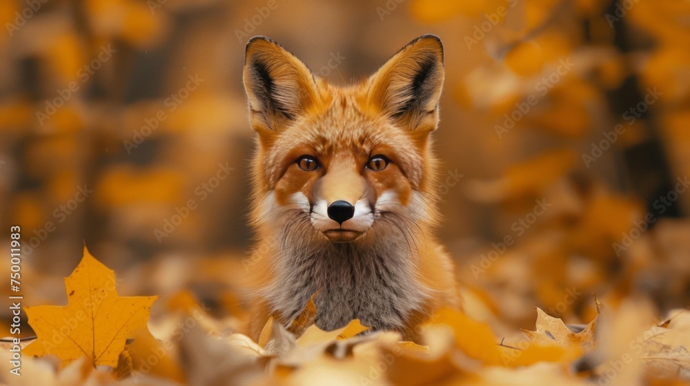 Red fox, a carnivorous Canidae, with whiskers, sitting in leaves in the woods