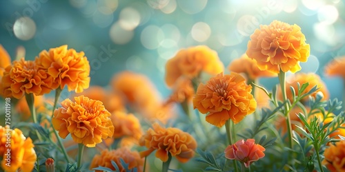 A closeup shot of vibrant orange and yellow marigold flowers blooming. Concept Flower Photography, Nature, Macro Shots, Vibrant Colors, Garden Beauty