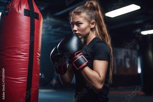 a girl boxer in gloves works out the strength of punches on a punching bag in the gym trains hard before fight close-up © Ирина Курмаева