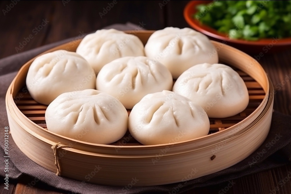 Bao buns. Hawaiian dish on a wooden table. Pan-Asia, Khinkali Bao buns. Hawaiian dish on a wooden table. Pan-Asia, Khinkali