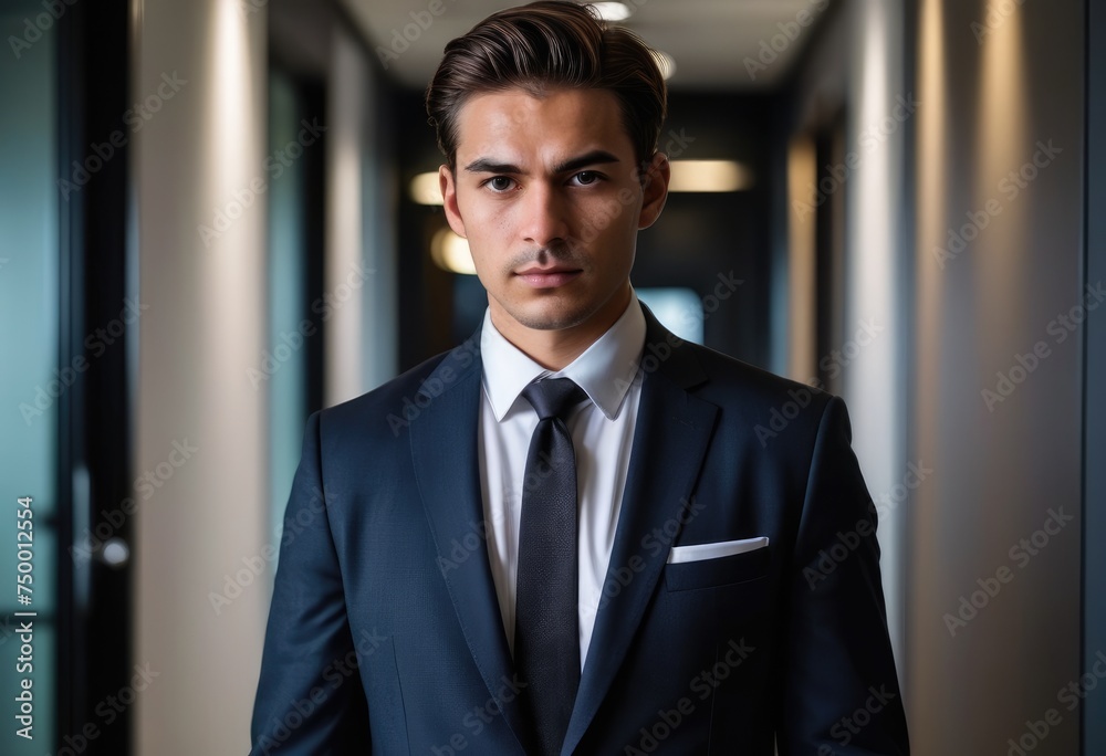 confident individual in professional attire, standing in a modern office corridor, their face obscured confident individual in professional attire, standing in a modern office corridor, their face obscured