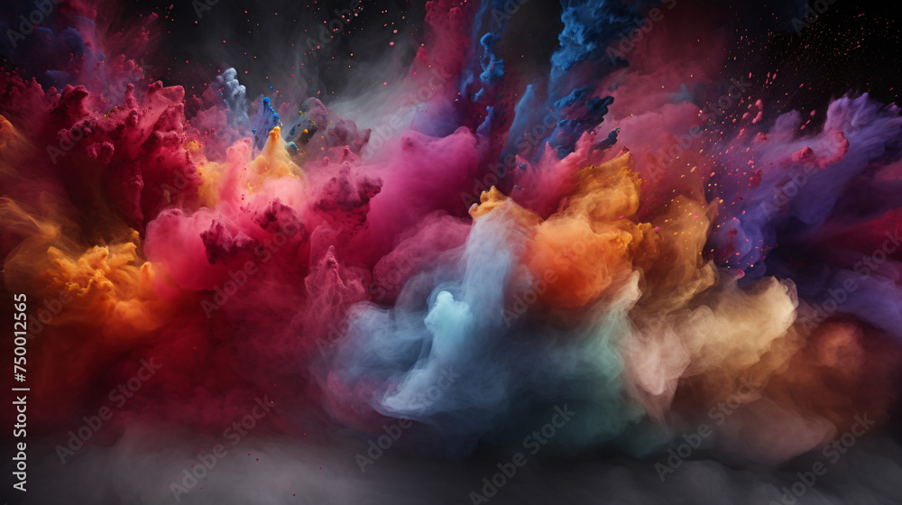 Exploding colours of dust and powder on a dark