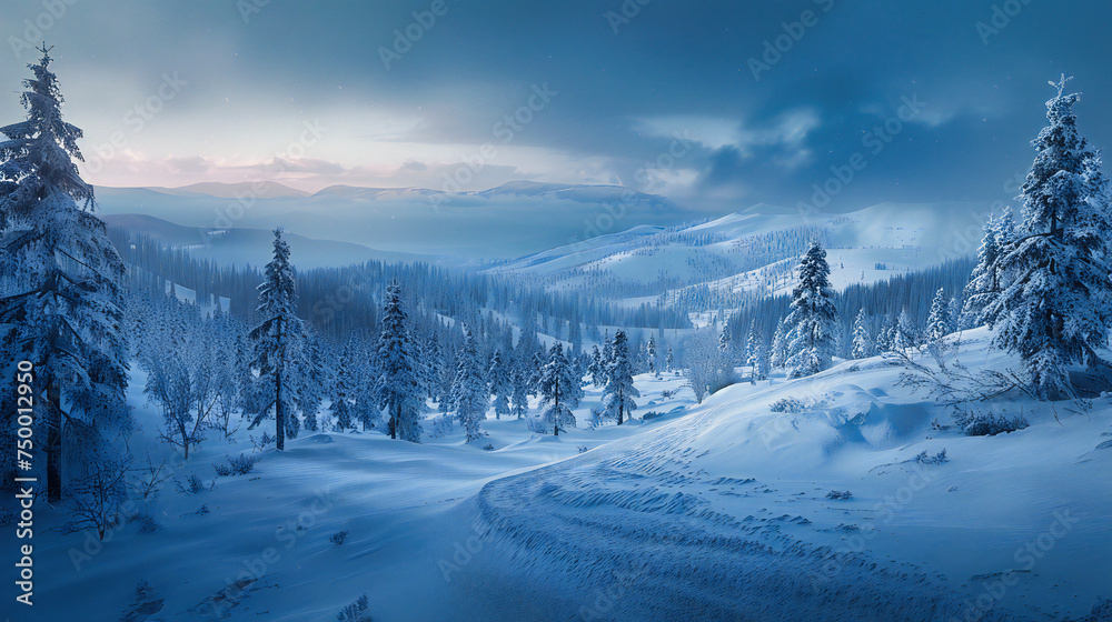 Magical Winter Forest Scene, Snow-Covered Trees Under a Soft Sunrise, Serene and Frosty Landscape