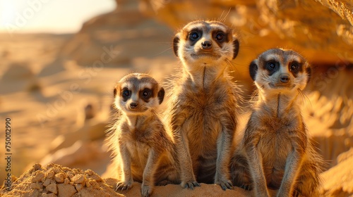 three meerkats are sitting on top of a rock in the desert