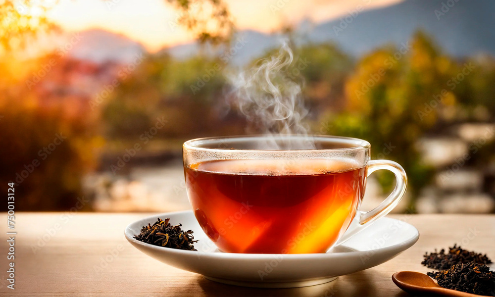 a cup of hot tea on the table. Selective focus. a cup of hot tea on the table. Selective focus.