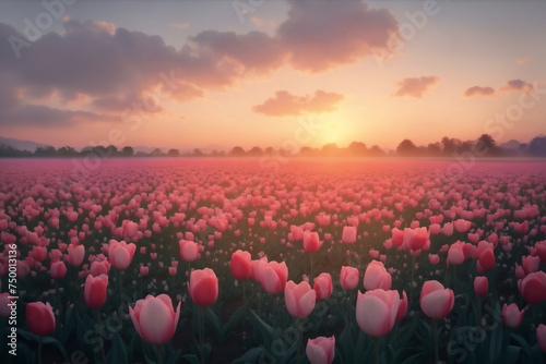 Twilight s glow illuminating field of delicate tulips.