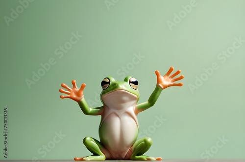 Green Frog raising a hand and explaining, isolated on green background with blank space for text, copy space. Perferct for explain something in a banner. Happy leap day February 29, one extra day. photo