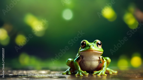 Green Frog walking in a rainy road with green bokeh background with blank space for text, copy space. Happy cheerful concept. Happy leap day February 29, one extra day. World frog day. 
