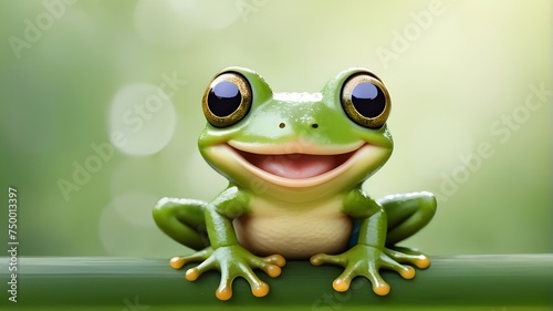 Closeup of green frog smiling with happy face on green bokeh background with blank space for text, copy space. Happy cheerful concept. Happy leap day February 29, one extra day. World frog day.  © Sadushi