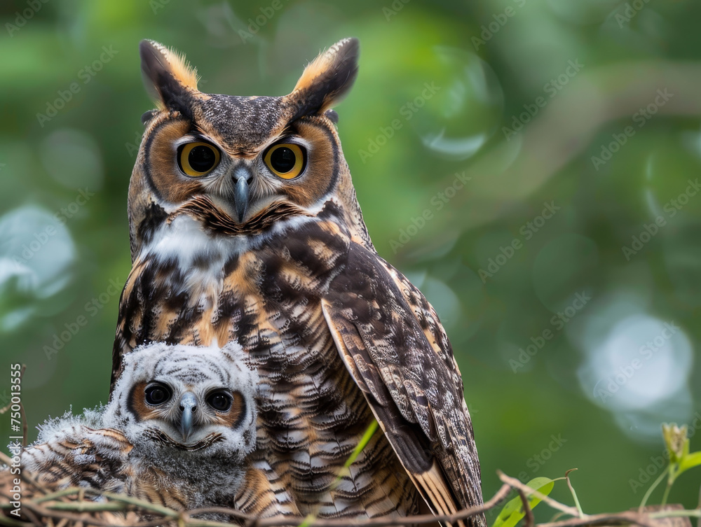 An owl with its fluffy chick nestled in green grass. An owl with its fluffy chick nestled in green grass.