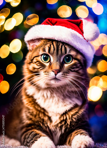 cat wearing a santa hat for christmas. Selective focus.