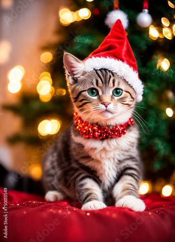 cat wearing a santa hat for christmas. Selective focus.
